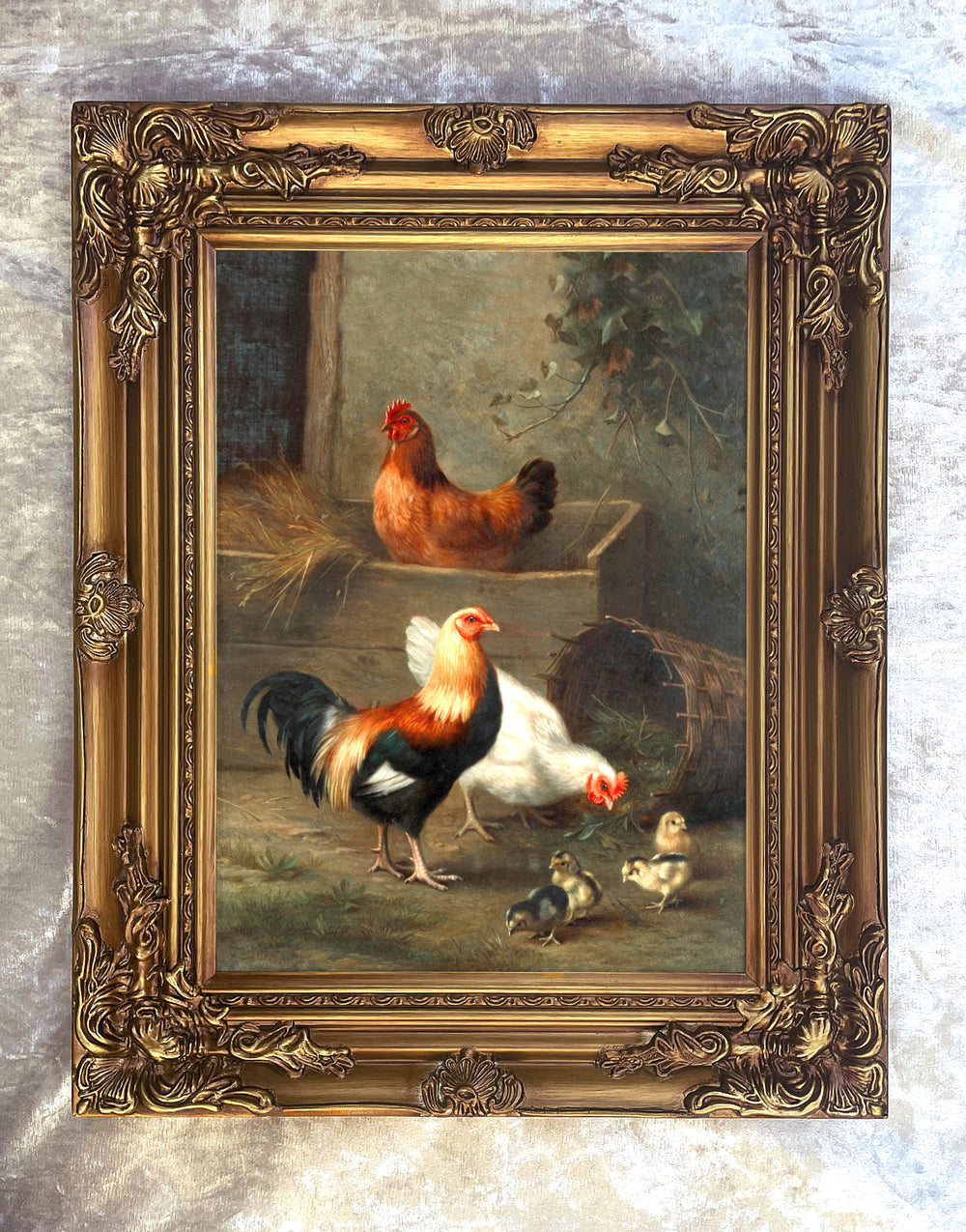 A Cockerel & Hens in a Farmyard - Fine Oleograph on Canvas in a Gilt Rococo Frame