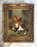 A Cockerel & Hens in a Farmyard - Fine Oleograph on Canvas in a Gilt Rococo Frame