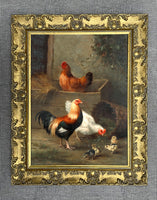 A Cockerel & Hens in a Farmyard - Fine Oleograph on Canvas in a Gilt Rococo Frame