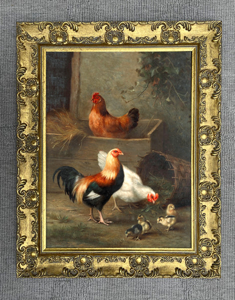 A Cockerel & Hens in a Farmyard - Fine Oleograph on Canvas in a Gilt Rococo Frame