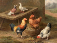 Fine Oleograph on Canvas of Chickens & Pigeons in a Stable Yard