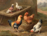 Fine Oleograph on Canvas of Chickens & Pigeons in a Stable Yard