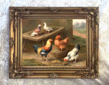 Fine Oleograph on Canvas of Chickens & Pigeons in a Stable Yard