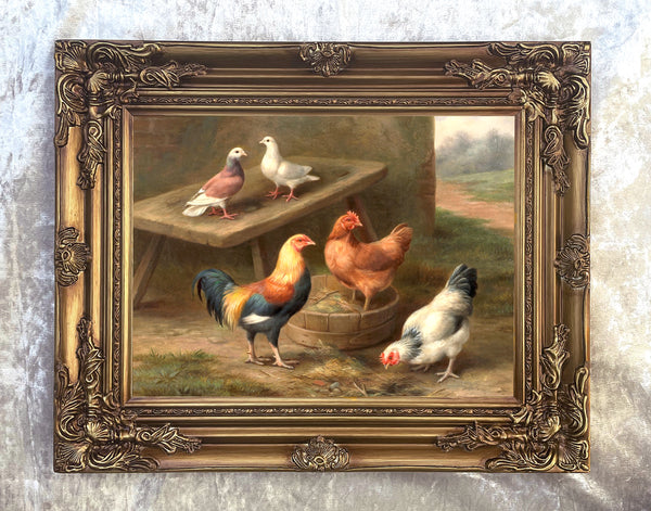 Fine Oleograph on Canvas of Chickens & Pigeons in a Stable Yard