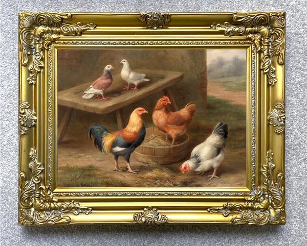 Fine Oleograph on Canvas of Chickens & Pigeons in a Stable Yard