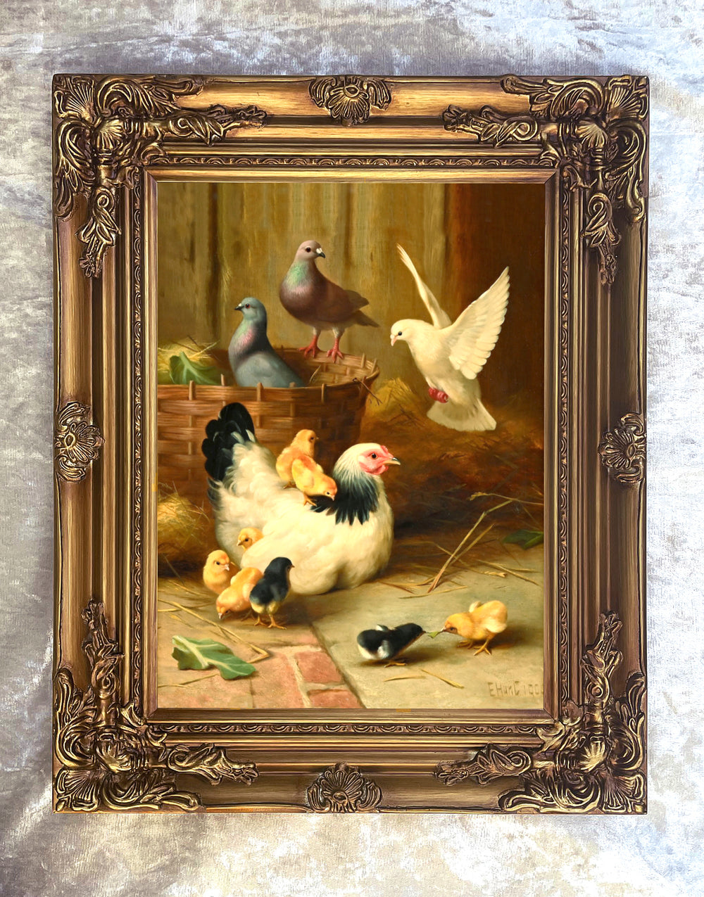 Fine Oleograph on Canvas - Chickens & Chicks in a yard aft Edgar Hunt
