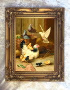 Fine Oleograph on Canvas - Chickens & Chicks in a yard aft Edgar Hunt