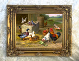 Oleograph on Canvas of Chickens & Pigeons in a Farmyard