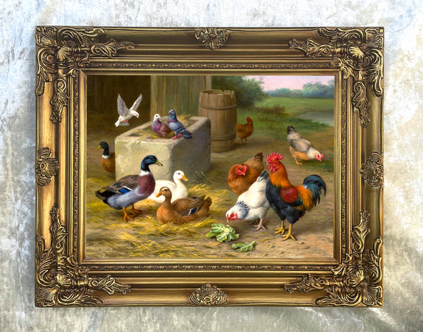 Oleograph on Canvas of Chickens & Pigeons in a Farmyard