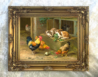 Fine Oleograph on Canvas of Chickens & Rabbits in a Stable Yard
