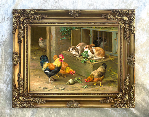 Fine Oleograph on Canvas of Chickens & Rabbits in a Stable Yard