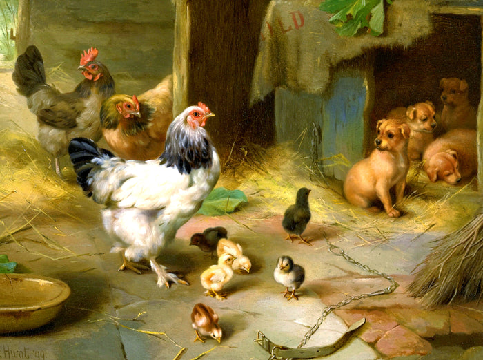Oleograph on Canvas of Chickens & Puppies in a Stable