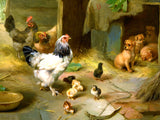 Oleograph on Canvas of Chickens & Puppies in a Stable