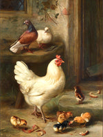 Fine Oleograph aft. Edgar Hunt on Canvas of Chickens & Pigeons in a Yard