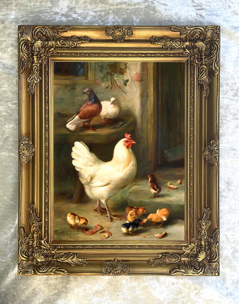 Fine Oleograph aft. Edgar Hunt on Canvas of Chickens & Pigeons in a Yard