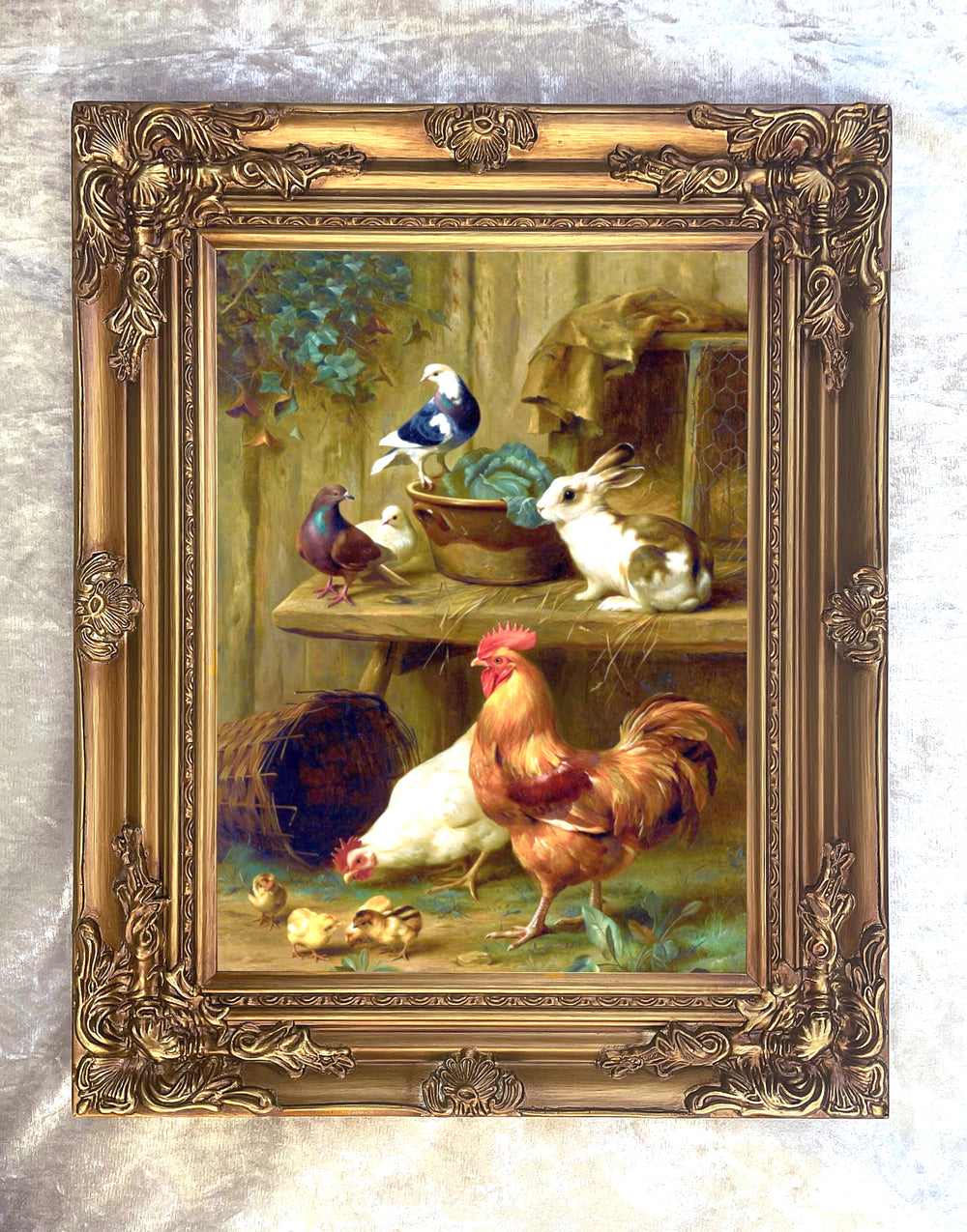 Fine Oleograph on Canvas - Chickens Rabbits & Pigeons aft. Edgar Hunt