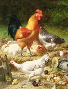 Fine Oleograph on Canvas of Chickens Hens & Chicks in a Stable Yard