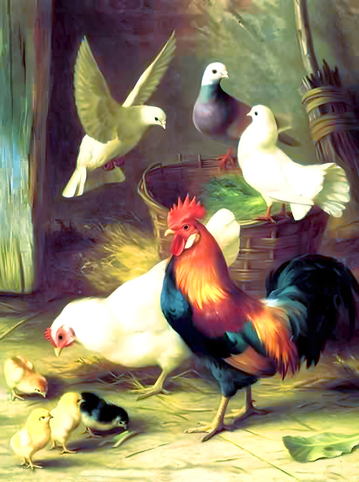 Fine Oleograph on Canvas of Chickens in a Yard