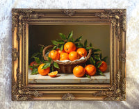 Fine Oleograph on Canvas Still Life of Festive Fruit in a Basket on a Marble Ledge