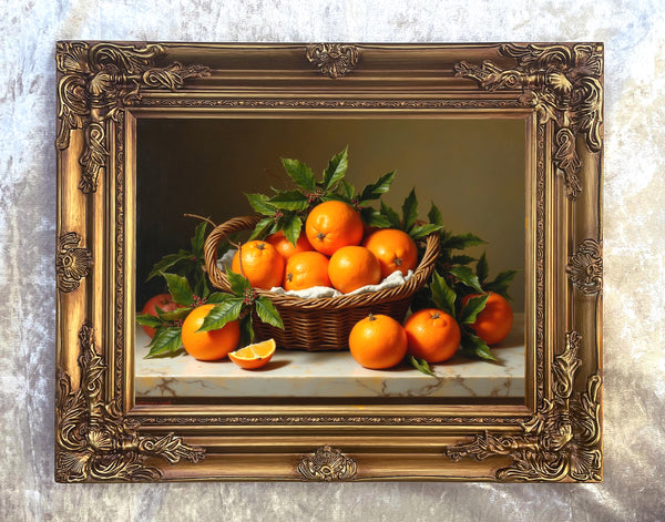 Fine Oleograph on Canvas Still Life of Festive Fruit in a Basket on a Marble Ledge