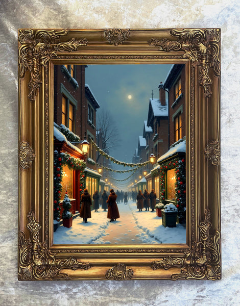 Ornate Framed Lithograph on Canvas of a Edwardian Christmas Snowy Twilight Street Scene