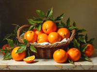 Fine Oleograph on Canvas Still Life of Festive Fruit in a Basket on a Marble Ledge