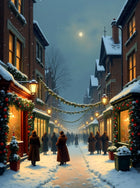 Ornate Framed Lithograph on Canvas of a Edwardian Christmas Snowy Twilight Street Scene