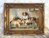 Fine Oleograph on Canvas - "Clumber Spaniels in a Stable aft. Emms"