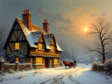 Fine Oleograph on Canvas of a Wintry Rural Medieval Cottage at Twilight