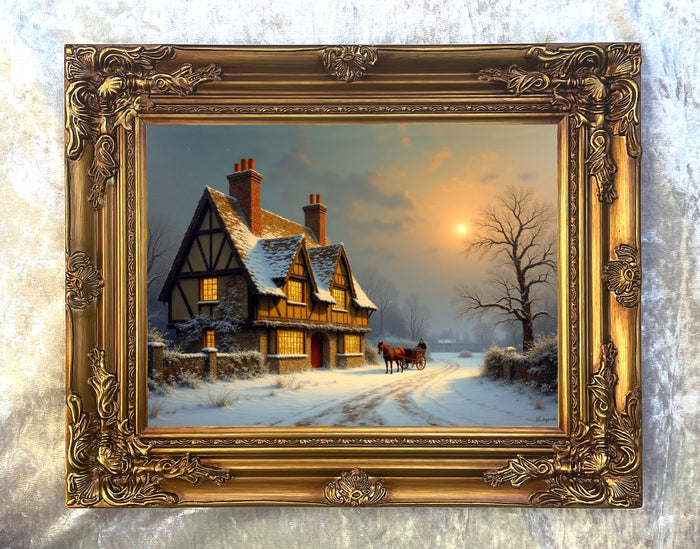 Fine Oleograph on Canvas of a Wintry Rural Medieval Cottage at Twilight