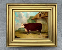 Gilt Framed Oleograph of a Hereford Bull in a Yard