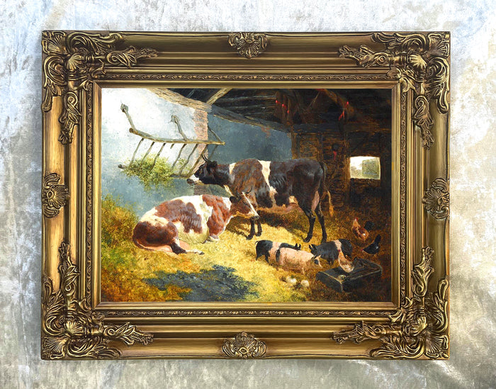 Fine Oleograph on Canvas of Cows Pigs & Chickens in a Stable
