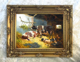 Fine Oleograph on Canvas of Cows Pigs & Chickens in a Stable
