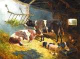 Fine Oleograph on Canvas of Cows Pigs & Chickens in a Stable