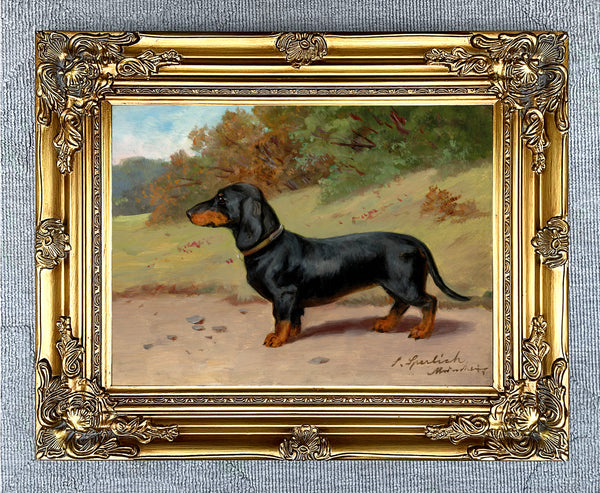 Fine Oleograph on Canvas - Portrait of a Dachshund in a Landscape