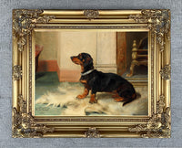 Fine Oleograph on Canvas - A Dachshund in an Interior