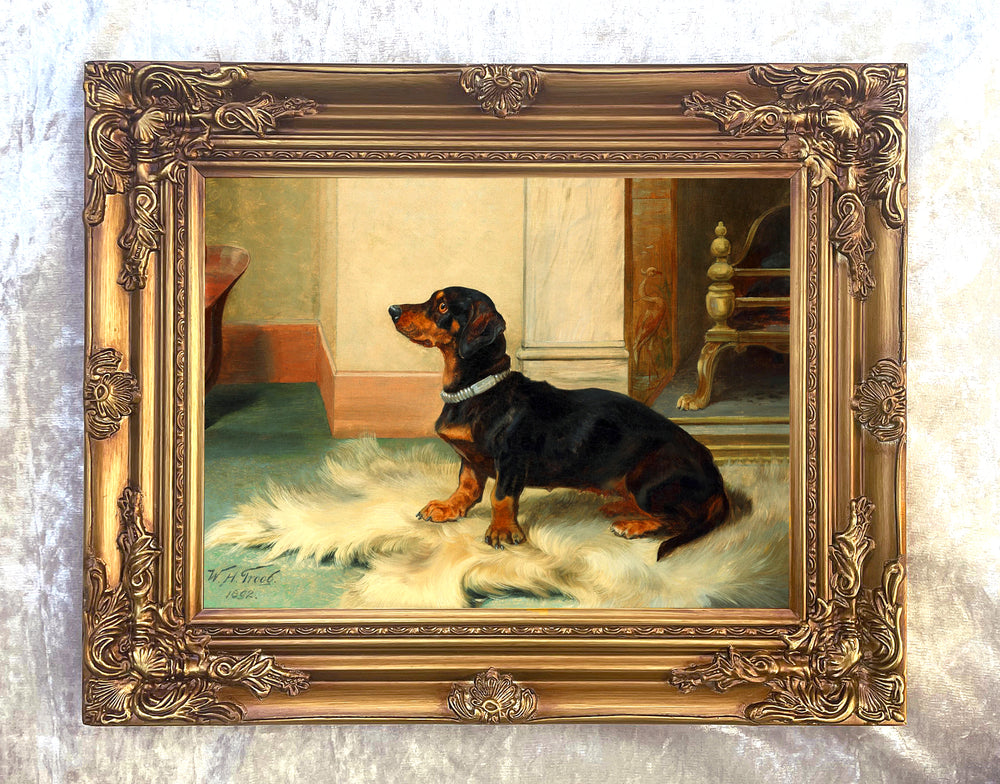 Fine Oleograph on Canvas - A Dachshund in an Interior