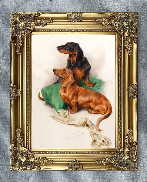 Gilt Framed Oleograph of a Pair of Dachshunds