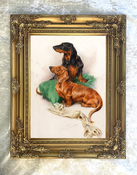 Gilt Framed Oleograph of a Pair of Dachshunds