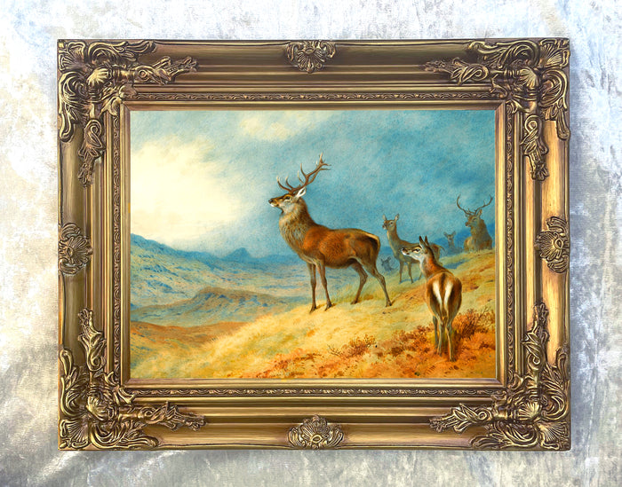 Gilt Framed Oleograph of Red Deer in a Highland Landscape