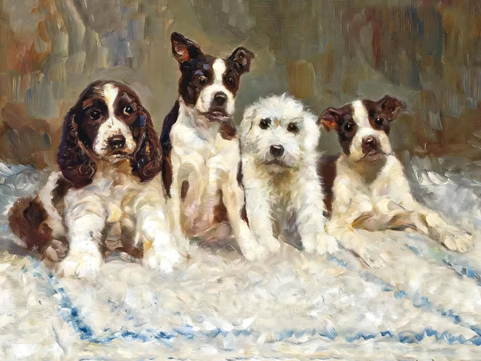Fine Oleograph on Canvas - A Group of 4 Puppies