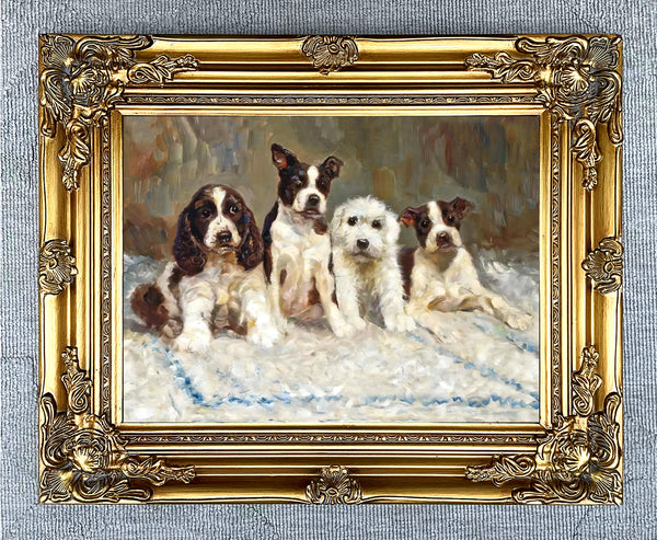 Fine Oleograph on Canvas - A Group of 4 Puppies