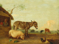 Fine Oleograph on Canvas of a Donkey Pig & Chickens in a Yard