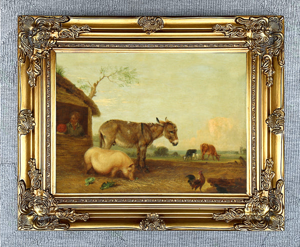 Fine Oleograph on Canvas of a Donkey Pig & Chickens in a Yard