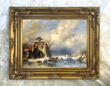 Fine Oleograph on Canvas of a Dutch Wintry Canal Landscape