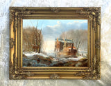 Stunning Oleograph on Canvas of a Snowy Dutch Canal Landscape