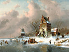 Stunning Oleograph on Canvas of a Wintry Dutch Canal Landscape