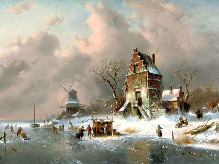 Stunning Oleograph on Canvas of a Wintry Dutch Canal Landscape