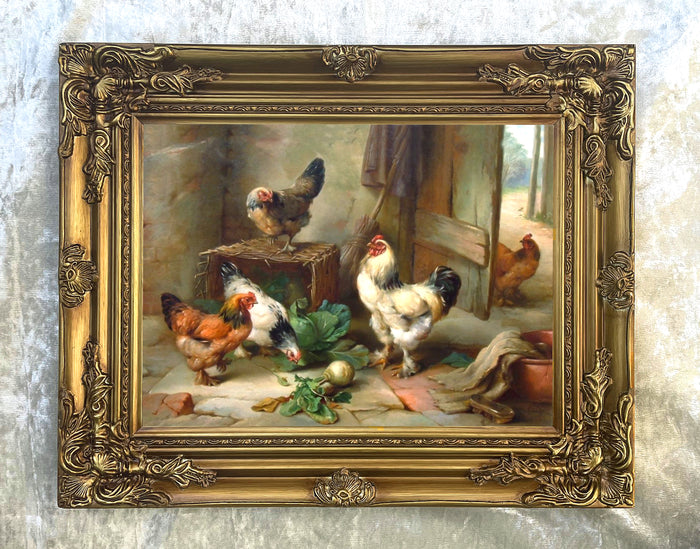 Fine Oleograph on Canvas of Chickens in a Stable aft. Edgar Hunt