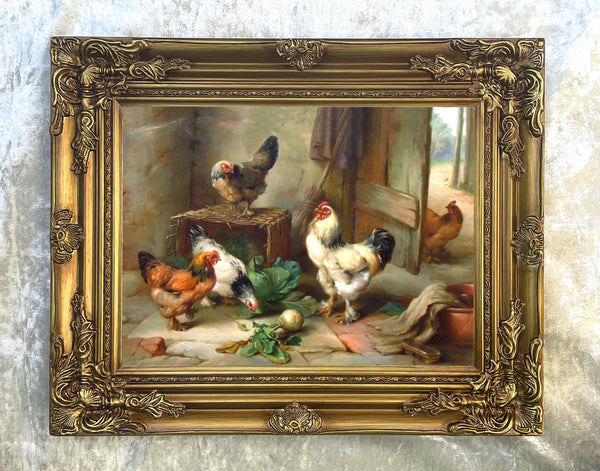 Fine Oleograph on Canvas of Chickens in a Stable aft. Edgar Hunt